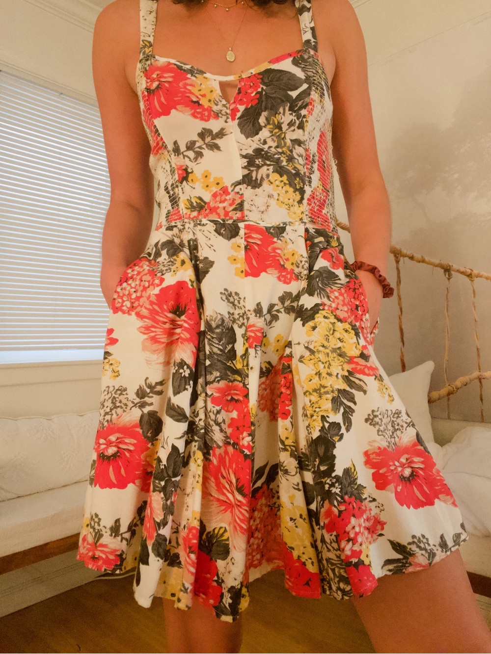 Kimchi Blue White Floral Mini Dress in Coral and Yellow